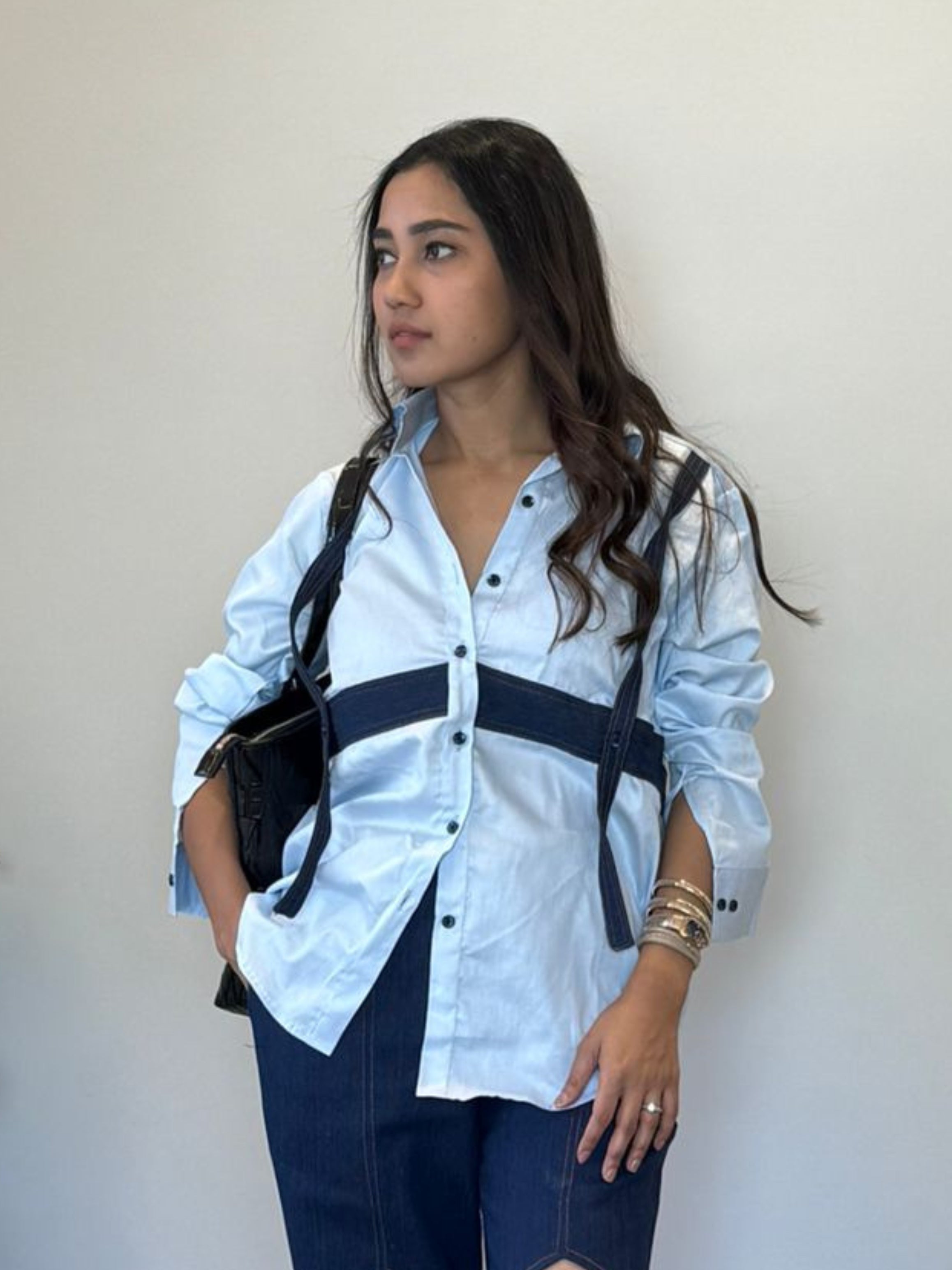 Blue Contrast Panel Cotton Shirt